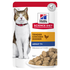 Products: Hills Science Diet Adult 7+ Chicken Cat Food Pouches 85gm x12
