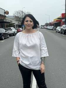 Noble Wilde: Gathered Boat Neck - Sand White Stripe