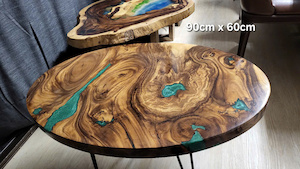 Oval Green Epoxy Resin Timber Coffee Table. L90cm x W60cm x H45cm - Vietnz Trading