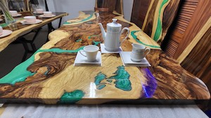 Products: Epoxy Dining Table: Solid Saman ( Rain Tree) Timber. Dimension: L2900 x W1050/900/800 x T40 x H750mm - Vietnz Trading
