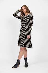 Knitwear: Merino L/S Swing Dress-Twig Stripe