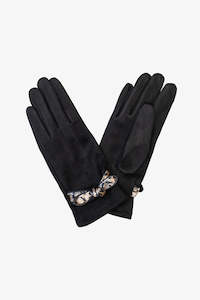 Leopard Bow | Black Suedette Gloves