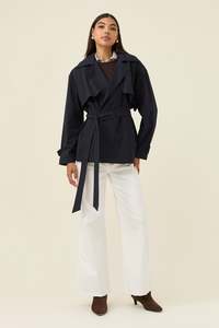 Outerwear: Farida Cropped Trench - Navy