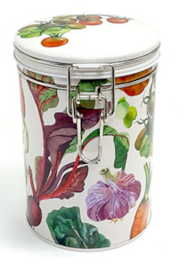 Emma Bridgewater: Emma Bridgewater Round Tin Caddy with Clip - Vegetable Garden