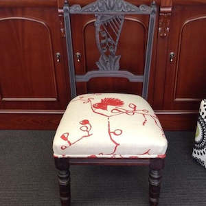Furniture: Carved Antique Bedroom Chair: linen fantail fabric