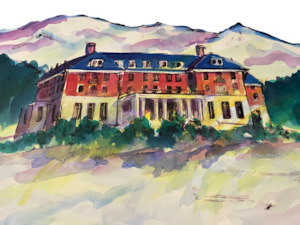 JILL HENRIOD ORIGINAL THE CHATEAU WITH MT RUAPEHU SIGNED ON VERSO