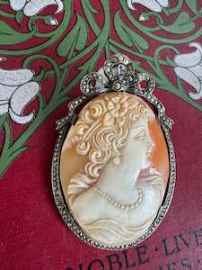 Vintage Sterling Silver Marcasite Cameo Brooch