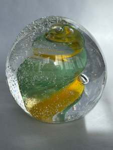 Glass: Hoglund Glass Paperweight Yellow & Lime Twist