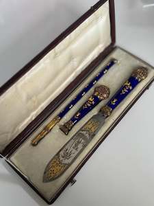 Seals: Antique Enamel & Silver Desk Set - Letter Opener, Seal & Pen in Original Case