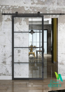 Industrial Chic 4 Panel Glass/Steel Barn Door & Hardware Package