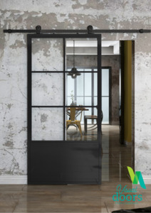 Industrial Chic 6 Panel with Kick Plate Glass/Steel Barn Door & Hardware Package