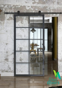 Industrial Chic 10/15 Panel Glass/Steel Barn Door & Hardware Package