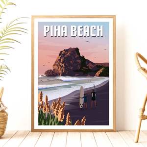 Piha Surf Travel Poster, New Zealand
