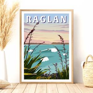 Waikato Wko: Raglan - Manu Bay - Travel Poster, New Zealand