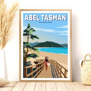 Tasman Tas: Abel Tasman - Awaroa Bay - Travel Poster, New Zealand