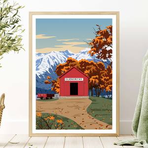 Otago Ota: Glenorchy Red Shed Autumn Travel Poster, New Zealand