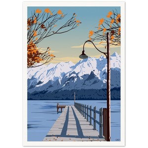 Otago Ota: Glenorchy Wharf Autumn Travel Poster, New Zealand