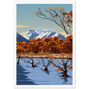 Glenorchy Willow Trees Autumn Travel Poster, New Zealand