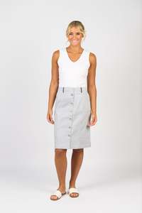 7049-Knee Length Skirt with Contrast Buttons and Trim-Ink/White Stripe
