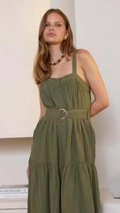 Dresses And Skirts: Amara Tiered Midi Dress - Khaki