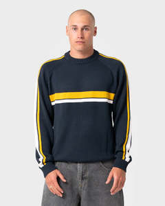 Mens: White Lines Knitted Crew - Steel Blue