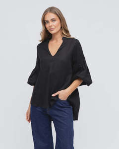 Linen V Neck Puff Sleeve Top - Black