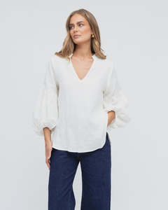 White Closet: Linen V Neck  Puff Sleeve Top - White