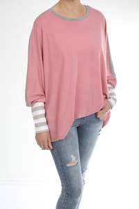 Wear Pink: Alexa Top - Merino - Reversible Pink/Grey - Thin Stripe Cuff - Pre-Order