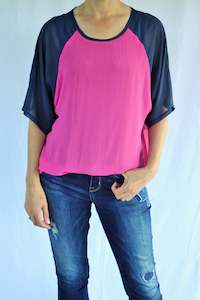 Last Ones: Kendra Top - Hot Pink Body Denim Sleeve - Pre-Order