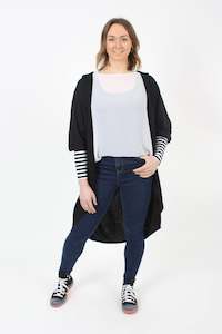 Black And White: Hooded Cardi Long - Merino - Black - Black and White Stripe - Pre Order 2 - 3 Weeks