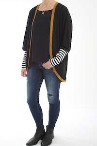Cardi - Black Merino - Mustard Band with Black and White Stripe Cuff - Pre-Order
