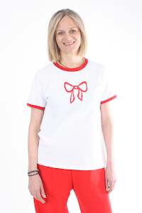 Tees: Tee Shirt - White Red trims - Bow Print - Pre Order