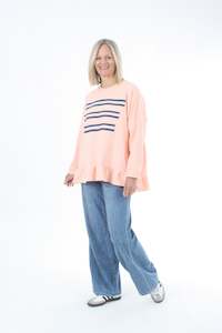 Oversized Sweater: Oversized Sweater - Peach Stripe - 3 Lines - Frill Hem
