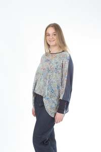 Alexa Top - Denim Floral Print - Denim with Navy Cuffs