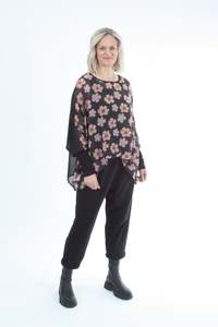 Wear Pink: Alexa Top - Flower Print - Black with Black Cuffs