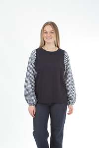 Alice Top - Navy - Check Sleeve - Pre Order