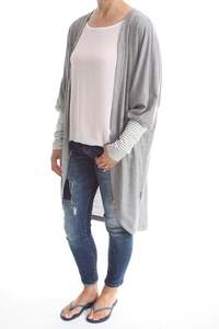 Cardi - Long - Grey Merino - Thin Stripe Cuff - Pre-Order