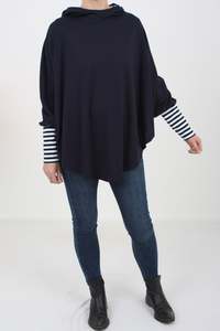 Most Popular: Hooded Poncho - Navy Merino - Thin stripe Trims - Pre-Order 2-3 weeks