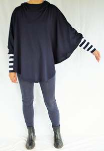 All Ponchos: Hooded Poncho - Navy Merino - Wide Navy/White Stripe Trims - Pre-Order 2-3 weeks