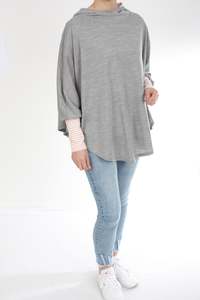 Hooded Poncho - Grey Merino - Pink and White Stripe trims - Pre-Order 2-3 weeks