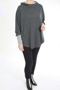All Ponchos: Hooded Poncho - Charcoal Merino - White and Grey stripe Trims - Pre-Order 2-3 weeks