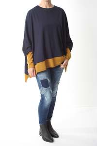 Square Poncho Merino - Navy - Mustard - Pre-Order
