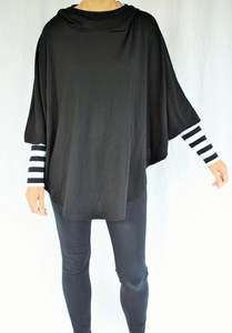 Black And White: Hooded Poncho - Black Merino - Wide Black White Stripe Sleeve - Pre-Order 2-3 weeks