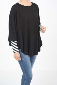 Black And White: Poncho Plain Black Merino - Black White Thin Stripe long cuff - Pre-Order 2-3 weeks