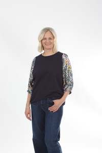 Bennie Top: Bennie Top - Navy - Pink and yellow Print sleeve