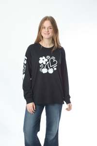 Long Sleeve Tee - Black with White Cherries and heart Print