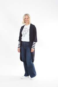 Most Popular: Cardi - Long - Navy Merino - Wide Stripe Cuff - Pre-Order