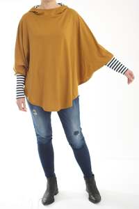 All Ponchos: Hooded Poncho - Merino Mustard - White and Navy Stripe Trims - Pre-Order