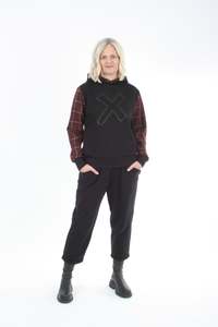 Holly Hoodie: Holly Hoodie - Black X Print - Burgundy check Sleeve