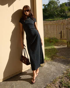 Elodie - Seersucker Midi Dress - Black